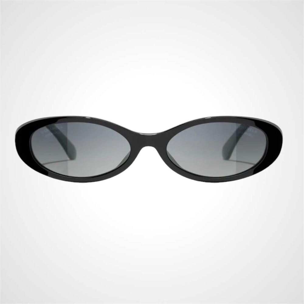 New Chanel Sunglasses Black Gold Oval Polarized Acetate Metal Cut Out Logo 54mm - Picture 2 of 5